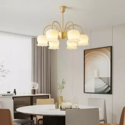 Kiera Art Deco Gold Chandelier with Milk Glass Flower Shades Kiera Art Deco Gold Chandelier with Milk Glass Flower Shades