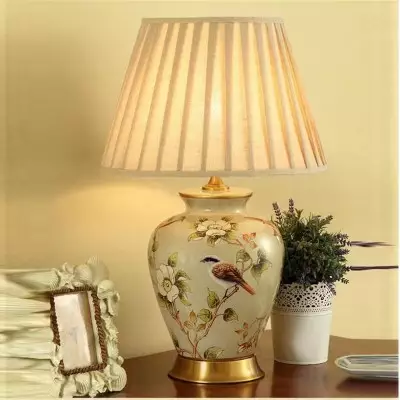 Mahi Chinoiserie Porcelain Table Lamp with Pleated Fabric Shade Mahi Chinoiserie Porcelain Table Lamp with Pleated Fabric Shade