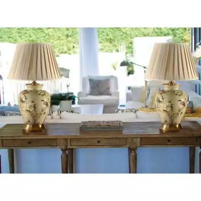 Mahi Chinoiserie Porcelain Table Lamp with Pleated Fabric Shade Mahi Chinoiserie Porcelain Table Lamp with Pleated Fabric Shade