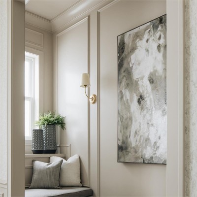 Ozwa Frosted Antique Brass Wall Sconce with Linen Shade Ozwa Frosted Antique Brass Wall Sconce with Linen Shade