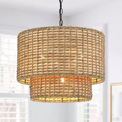 Harland Beachy Natural Rattan Double Drum Pendant Light Harland Beachy Natural Rattan Double Drum Pendant Light