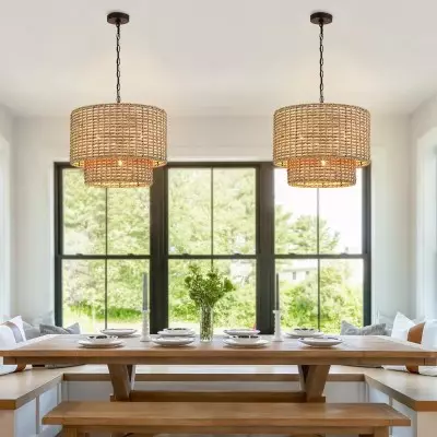 Harland Beachy Natural Rattan Double Drum Pendant Light Harland Beachy Natural Rattan Double Drum Pendant Light