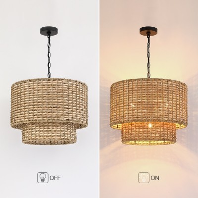 Harland Beachy Natural Rattan Double Drum Pendant Light