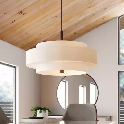 Harlow Linen Blend 5 Light Metal Dimmable Double Tier Barrel Pendant Light Harlow Linen Blend 5 Light Metal Dimmable Double Tier Barrel Pendant Light