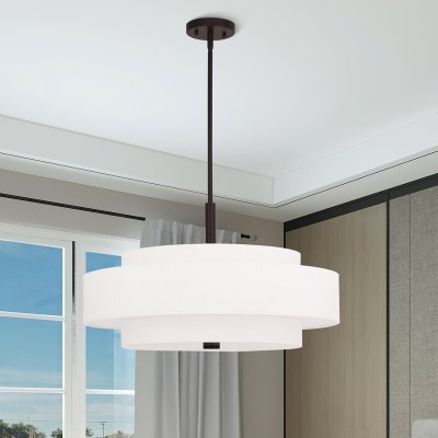 Harlow Linen Blend 5 Light Metal Dimmable Double Tier Barrel Pendant Light Harlow Linen Blend 5 Light Metal Dimmable Double Tier Barrel Pendant Light