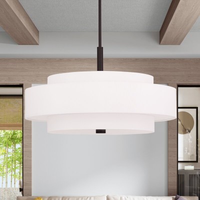 Harlow Linen Blend 5 Light Metal Dimmable Double Tier Barrel Pendant Light Harlow Linen Blend 5 Light Metal Dimmable Double Tier Barrel Pendant Light