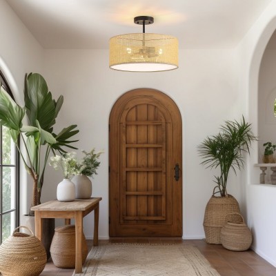 Zaylen Farmhouse Rattan Semi Flush Mount Ceiling Light