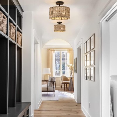 Lannister Coastal 2-Light Semi-Flush Mount Ceiling Light with Hand Woven Drum Shade for Bedroom Lannister Coastal 2-Light Semi-Flush Mount Ceiling Light with Hand Woven Drum Shade for Bedroom