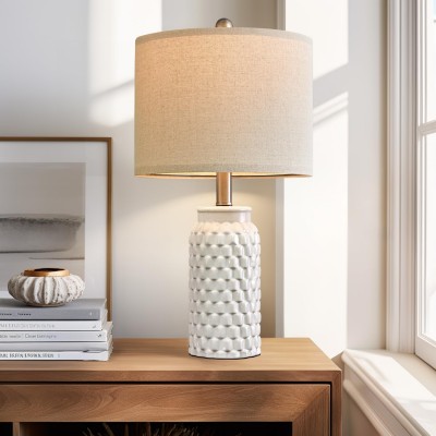 Qorvis White Ceramic Linen Drum Lampshade Living Room End Table Lamps Qorvis White Ceramic Linen Drum Lampshade Living Room End Table Lamps