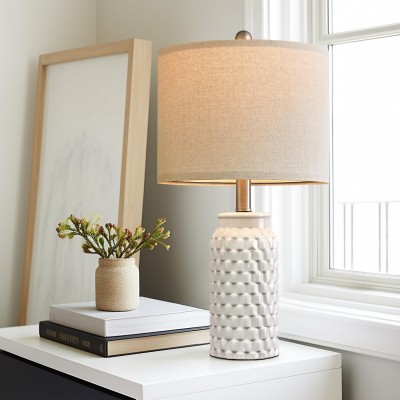 Qorvis White Ceramic Linen Drum Lampshade Living Room End Table Lamps Qorvis White Ceramic Linen Drum Lampshade Living Room End Table Lamps