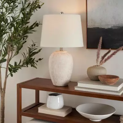 Ulysse Rustic Ceramic Pot Table Lamp With Drum Shade Ulysse Rustic Ceramic Pot Table Lamp With Drum Shade