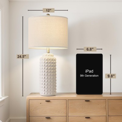 Cerule White Diamond Pattern Base Ceramic Living Room End Table Lamp