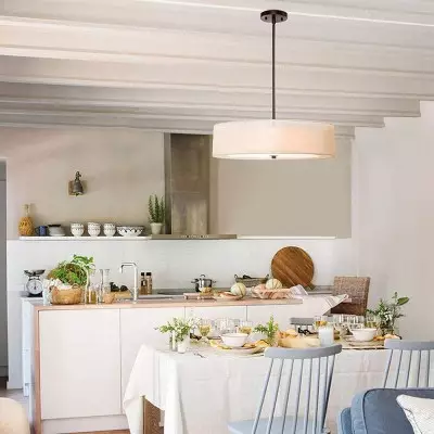 Yseult Beige Fabric Drum Shade Acrylic Rod Pendant Light Yseult Beige Fabric Drum Shade Acrylic Rod Pendant Light