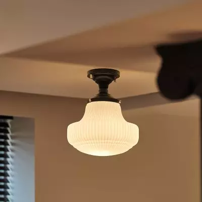 Iveria Striped Milk Glass Schoolhouse Flush Mount Ceiling Light Iveria Striped Milk Glass Schoolhouse Flush Mount Ceiling Light