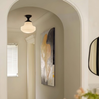 Iveria Striped Milk Glass Schoolhouse Flush Mount Ceiling Light Iveria Striped Milk Glass Schoolhouse Flush Mount Ceiling Light