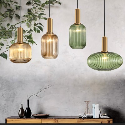 Zarek Lantern Shape Vertical Striped Stained Glass Pendant Light