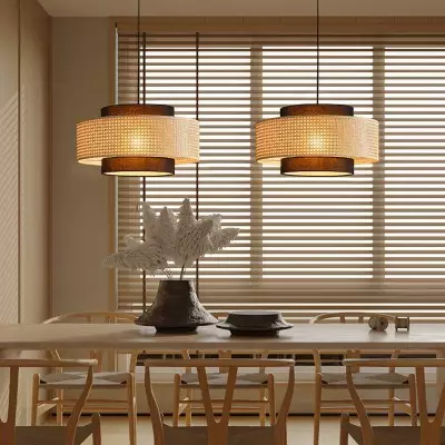 Nivara Rattan Linen Double Drum Pendant Light Nivara Rattan Linen Double Drum Pendant Light