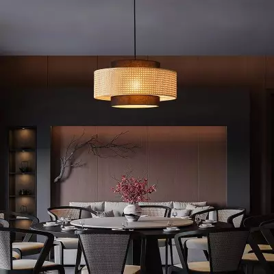 Nivara Rattan Linen Double Drum Pendant Light Nivara Rattan Linen Double Drum Pendant Light
