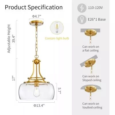 Thalys Brushed Gold Clear Glass Shade Pendant Light Thalys Brushed Gold Clear Glass Shade Pendant Light