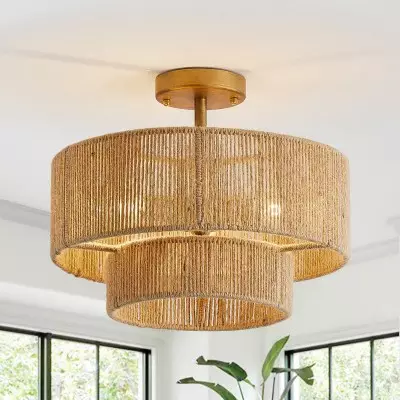 Ivon Handwoven Jute Rope Double Drum Ceiling Light Ivon Handwoven Jute Rope Double Drum Ceiling Light