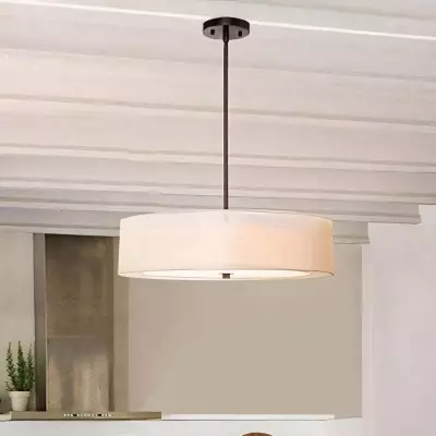 Yseult Beige Fabric Drum Shade Acrylic Rod Pendant Light Yseult Beige Fabric Drum Shade Acrylic Rod Pendant Light