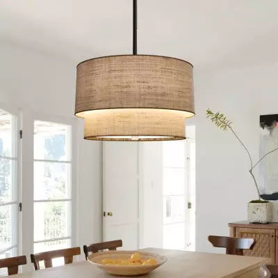 Javier Natural Linen Double Fabric Drum Pendant Light Javier Natural Linen Double Fabric Drum Pendant Light