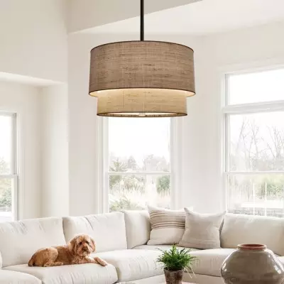 Javier Natural Linen Double Fabric Drum Pendant Light