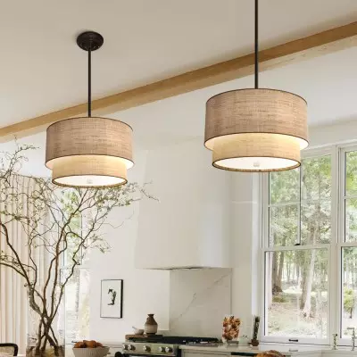 Javier Natural Linen Double Fabric Drum Pendant Light Javier Natural Linen Double Fabric Drum Pendant Light