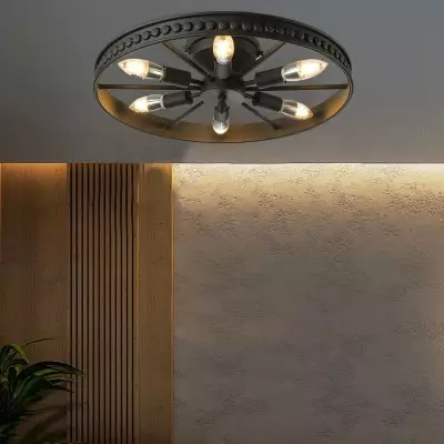Jyrith Industrial Wrought Iron Wagon Wheel Ceiling Light Jyrith Industrial Wrought Iron Wagon Wheel Ceiling Light