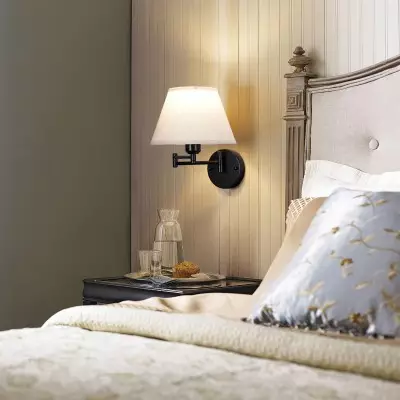 Vynith Battery Opperated White Linen Dimmable Swing Arm Sconce Vynith Battery Opperated White Linen Dimmable Swing Arm Sconce