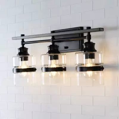 Nexith 3 Lights Black Iron Clear Glass Vanity Wall Sconce Nexith 3 Lights Black Iron Clear Glass Vanity Wall Sconce