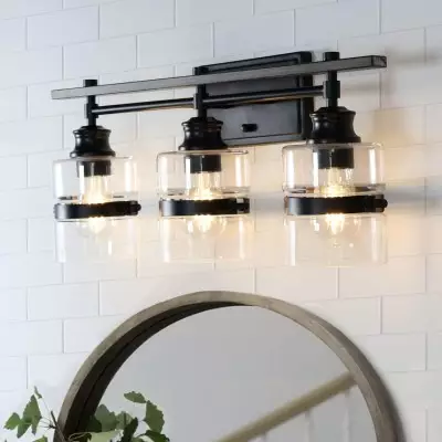Nexith 3 Lights Black Iron Clear Glass Vanity Wall Sconce Nexith 3 Lights Black Iron Clear Glass Vanity Wall Sconce