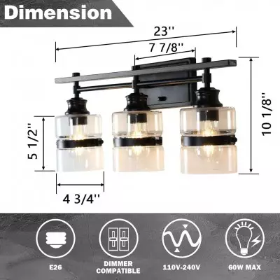 Nexith 3 Lights Black Iron Clear Glass Vanity Wall Sconce Nexith 3 Lights Black Iron Clear Glass Vanity Wall Sconce