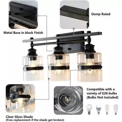Nexith 3 Lights Black Iron Clear Glass Vanity Wall Sconce Nexith 3 Lights Black Iron Clear Glass Vanity Wall Sconce