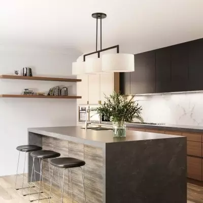 Glythar Black 3 Light White Fibric Drum Shades Linear Chandelier