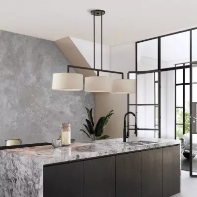 Glythar Black 3 Light White Fibric Drum Shades Linear Chandelier