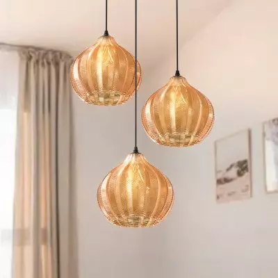 Klython 3 Light Brown Ribbed Glass Cluster Pendant Light Klython 3 Light Brown Ribbed Glass Cluster Pendant Light