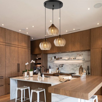 Klython 3 Light Brown Ribbed Glass Cluster Pendant Light Klython 3 Light Brown Ribbed Glass Cluster Pendant Light