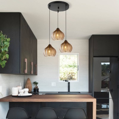 Klython 3 Light Brown Ribbed Glass Cluster Pendant Light Klython 3 Light Brown Ribbed Glass Cluster Pendant Light
