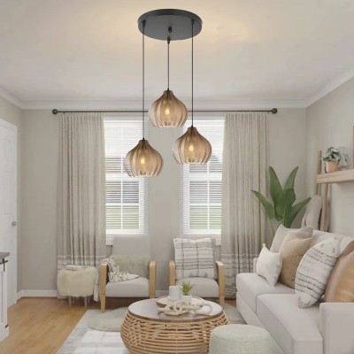 Klython 3 Light Brown Ribbed Glass Cluster Pendant Light Klython 3 Light Brown Ribbed Glass Cluster Pendant Light
