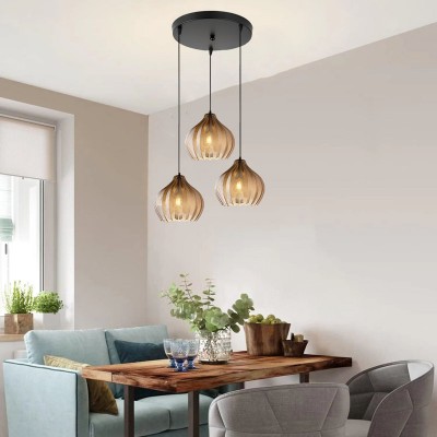 Klython 3 Light Brown Ribbed Glass Cluster Pendant Light Klython 3 Light Brown Ribbed Glass Cluster Pendant Light