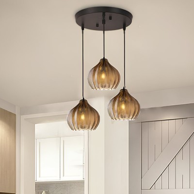 Klython 3 Light Brown Ribbed Glass Cluster Pendant Light Klython 3 Light Brown Ribbed Glass Cluster Pendant Light
