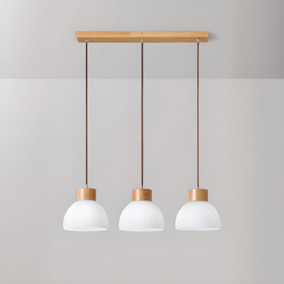 Tyrionth Wood Base 3 Light White Ribbed Glass Shade Pendant Light Tyrionth Wood Base 3 Light White Ribbed Glass Shade Pendant Light