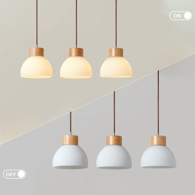 Tyrionth Wood Base 3 Light White Ribbed Glass Shade Pendant Light Tyrionth Wood Base 3 Light White Ribbed Glass Shade Pendant Light