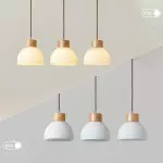 Tyrionth Wood Base 3 Light White Ribbed Glass Shade Pendant Light