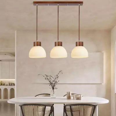 Tyrionth Wood Base 3 Light White Ribbed Glass Shade Pendant Light Tyrionth Wood Base 3 Light White Ribbed Glass Shade Pendant Light