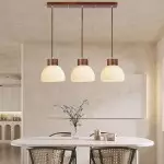 Tyrionth Wood Base 3 Light White Ribbed Glass Shade Pendant Light