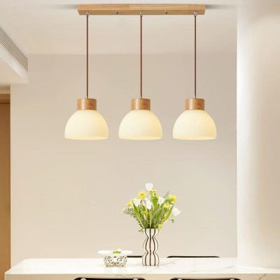 Tyrionth Wood Base 3 Light White Ribbed Glass Shade Pendant Light Tyrionth Wood Base 3 Light White Ribbed Glass Shade Pendant Light