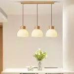 Tyrionth Wood Base 3 Light White Ribbed Glass Shade Pendant Light