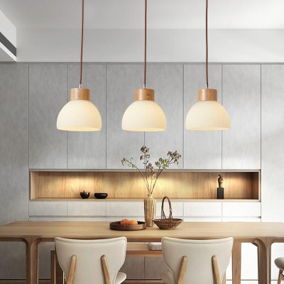 Tyrionth Wood Base 3 Light White Ribbed Glass Shade Pendant Light Tyrionth Wood Base 3 Light White Ribbed Glass Shade Pendant Light